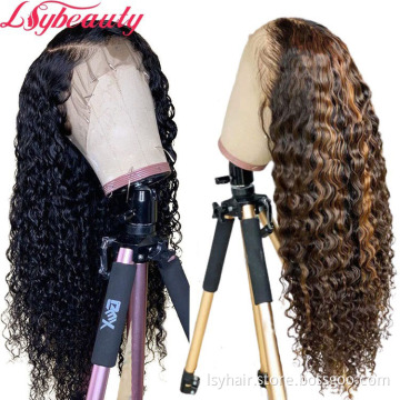 Natrual Black Blonde Highlights Wig Mix Color Deep Wave Curly Pre Plucked HD Transparent Lace Front Raw Virgin Human Hair Wigs